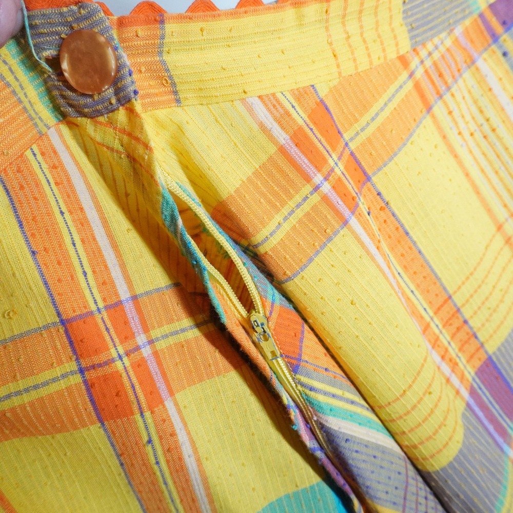 VTG 70s Handmade Plaid Maxi Skirt Yellow Orange Blue Clip Dot Textured Boho XS S - Picture 8 of 8